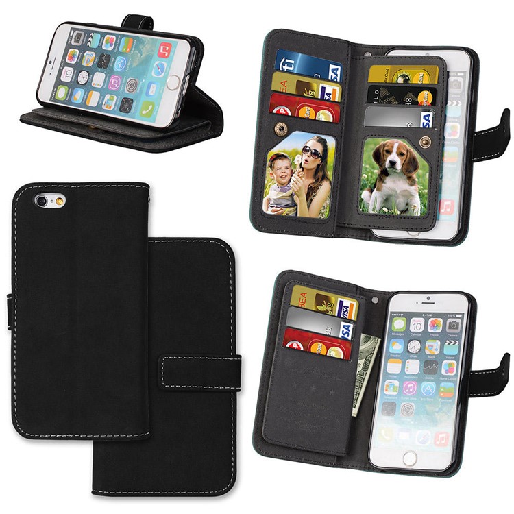 PU Leather Frosted Stand Mobile Phone Casing with 9 Card Holders for iPhone 6s 6 - Black-1