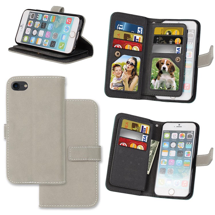 For iPhone 8 / 7 4.7 inch PU Leather Frosted Skin Stand Mobile Phone Casing with 9 Card Holders - Grey-1