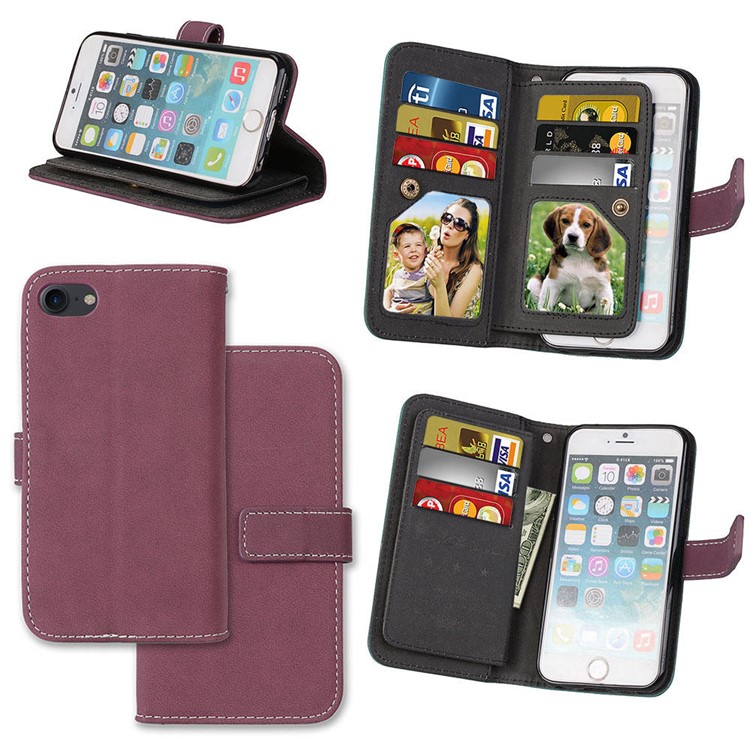 Frosted Texture PU Leather Stand Mobile Phone Case with 9 Card Holders for iPhone SE (2nd generation)/8/7 4.7 inch - Wine Red