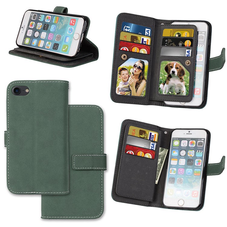 For iPhone 8 / 7 4.7 inch PU Leather Frosted Stand Mobile Phone Cover Case with 9 Card Holders - Green-1