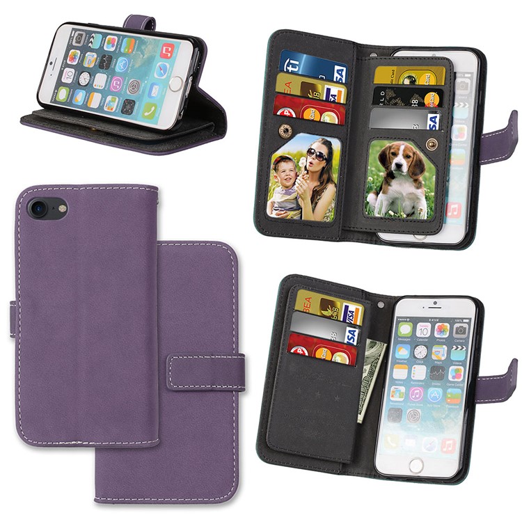 For iPhone 8 / 7 4.7 inch Frosted Texture PU Leather Stand Phone Cover with 9 Card Holders - Purple-1