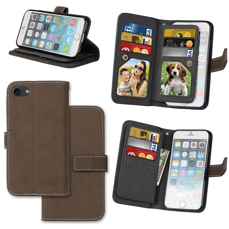 Leather Matte Skin Stand Mobile Phone Shell with 9 Card Holders for iPhone 8 / 7 4.7 inch - Brown-1