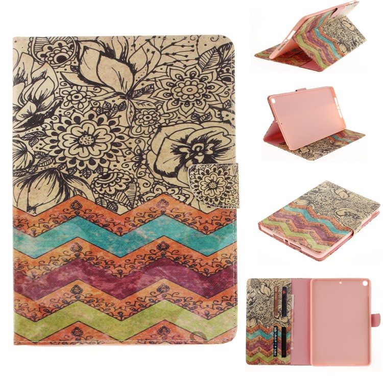 

Pattern Printing Wallet Leather Stand Case Shell for iPad 9.7 (2018) / 9.7 (2017) - Flower and Wave Pattern