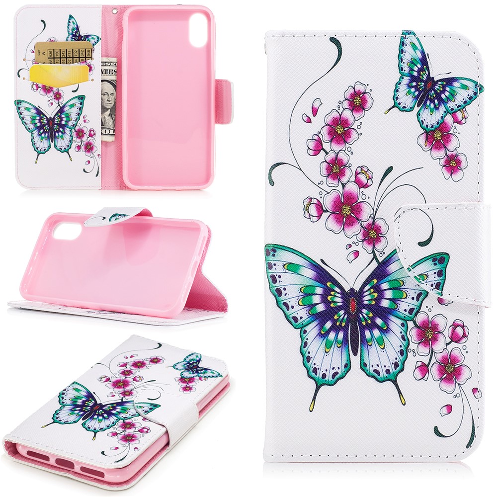 Pattern Printing Protective Leather Wallet Case for iPhone 8 - Green Butterfly and Flower Pattern-1