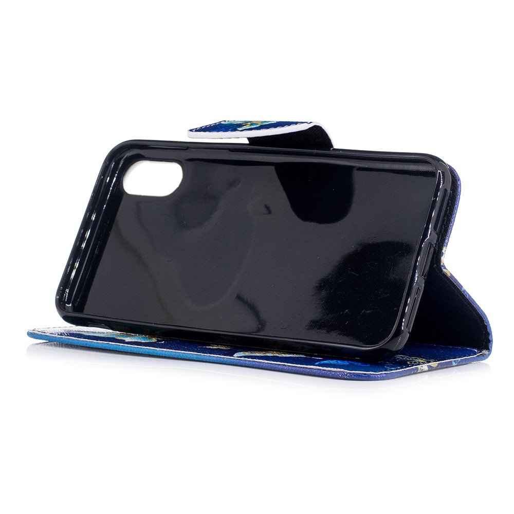 Musterdruck Magnetischer Leder-brieftaschenhülle Mit Ständer Für Iphone X/XS 5,8 Zoll - Schmetterlinge im Blauen Hintergrund