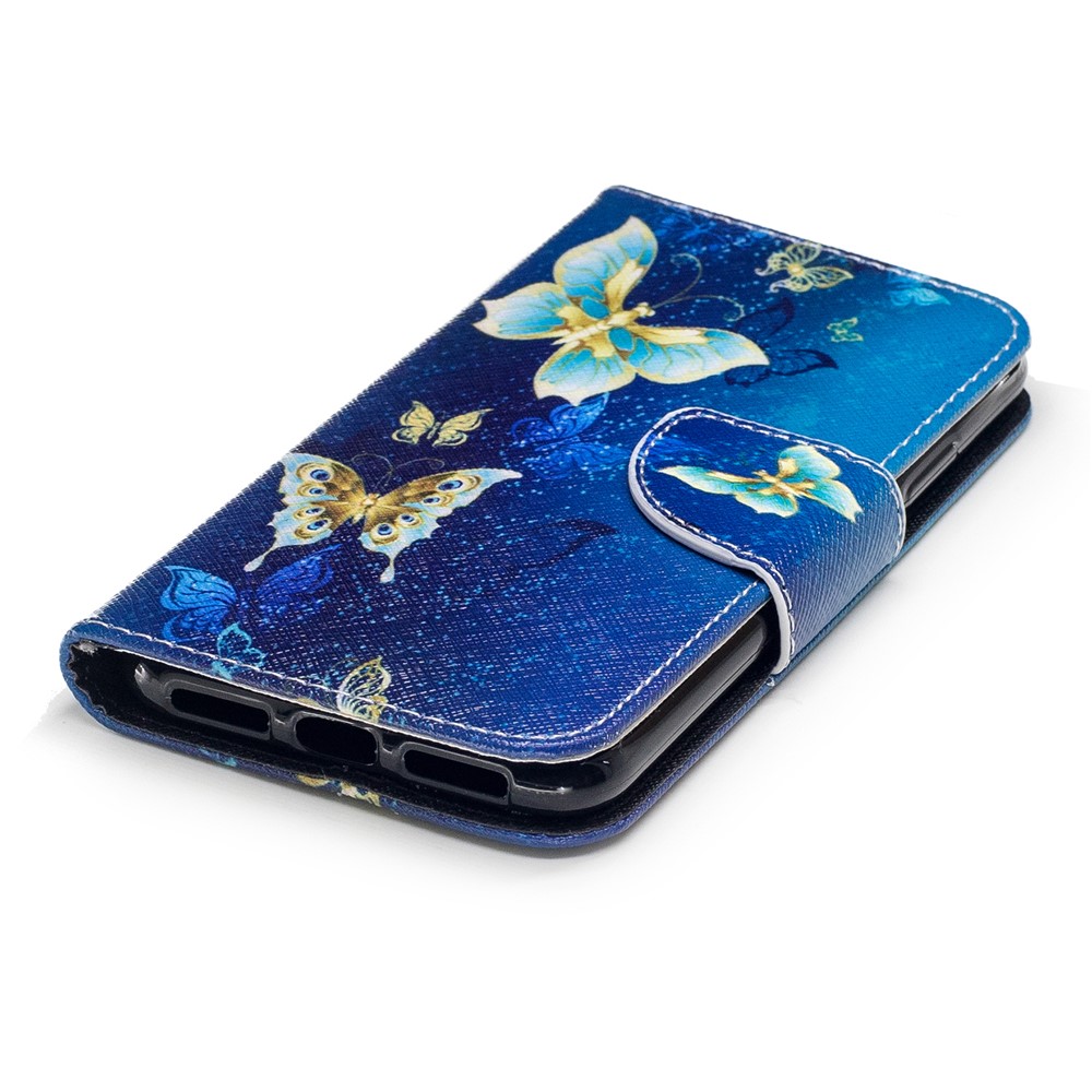 Pattern Printing Magnetic Leather Wallet Phone Case with Stand for iPhone X/XS 5.8-inch - Butterflies in Blue Background-6