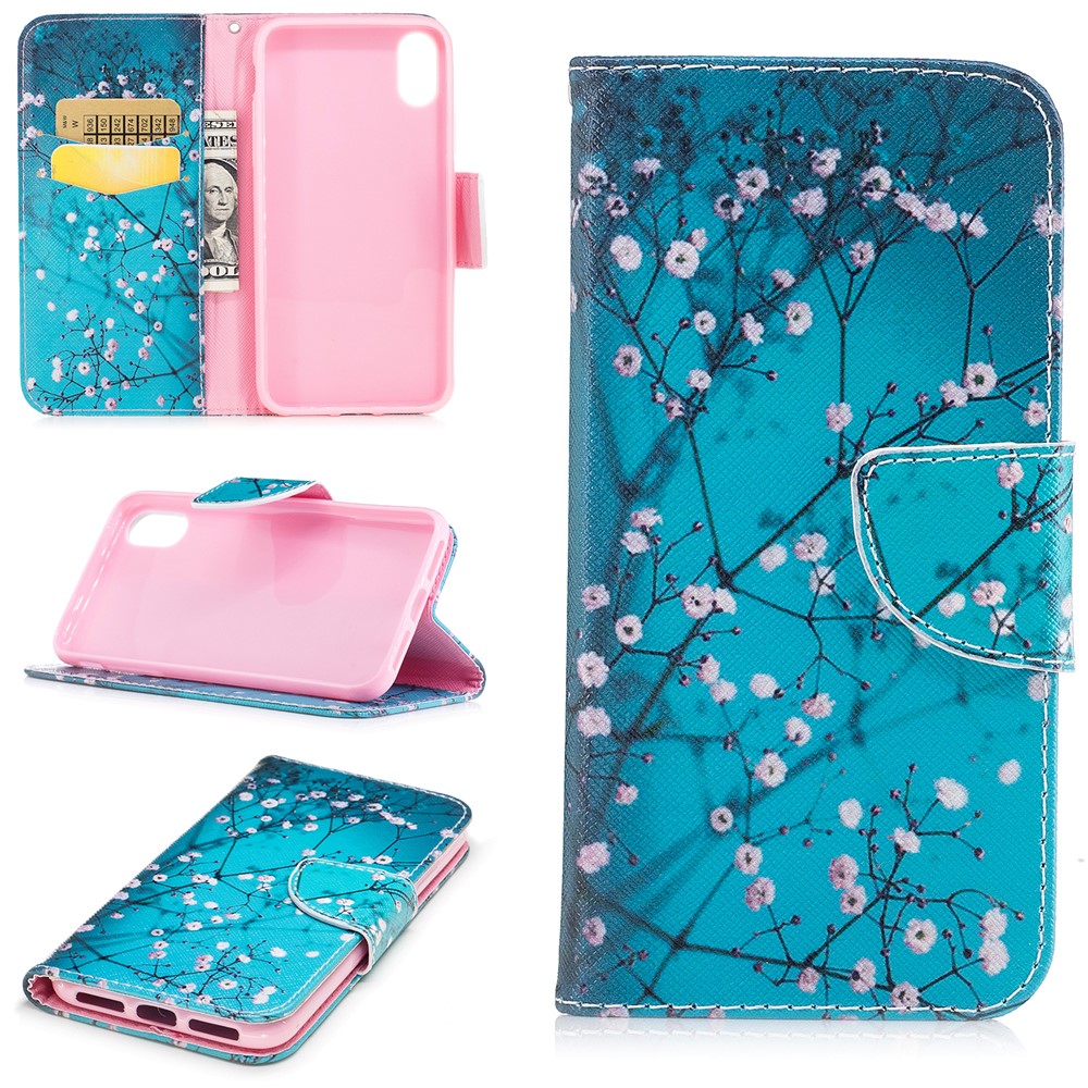 Pattern Printing Wallet Leather Stand Case for iPhone X/XS 5.8-inch - Tree with Flowers-1