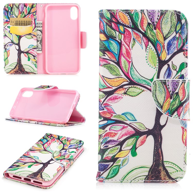 

Pattern Printing Wallet Leather Phone Protective Cover for iPhone X/XS 5.8-inch - Colorized Tree