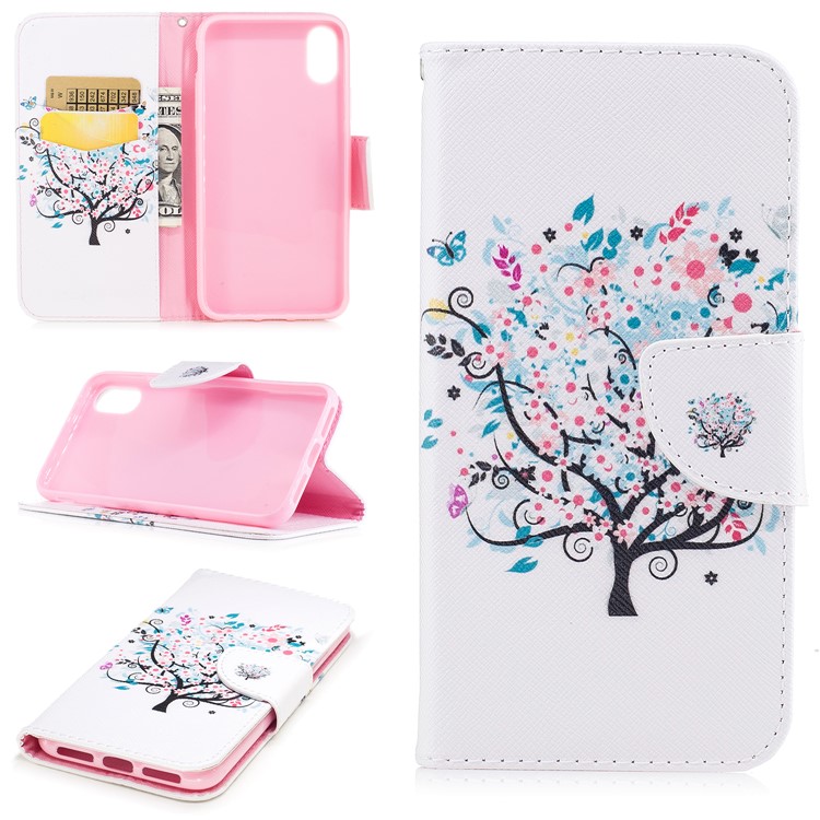 Pattern Printing Wallet Flip Leather Cell Phone Cover Case for iPhone X/XS 5.8-inch - Flowered Tree-1