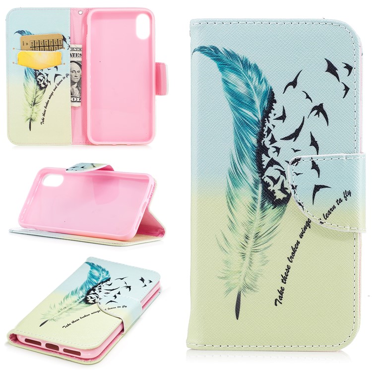 Pattern Printing Wallet Leather Stand Casing for iPhone X/XS 5.8-inch - Feather Pattern-1