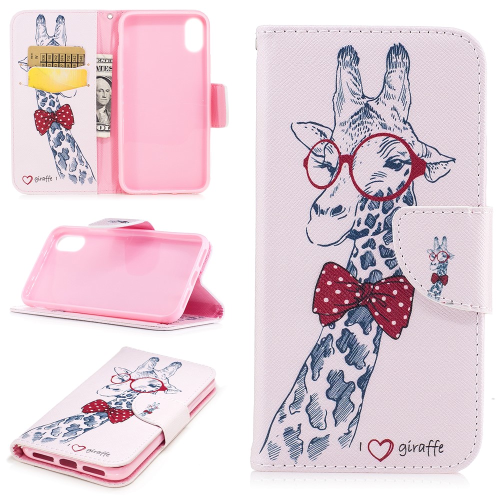 Pattern Printing Wallet Leather Stand Cover for iPhone X/XS 5.8-inch - Adorable Giraffe Wearing Glasses-1