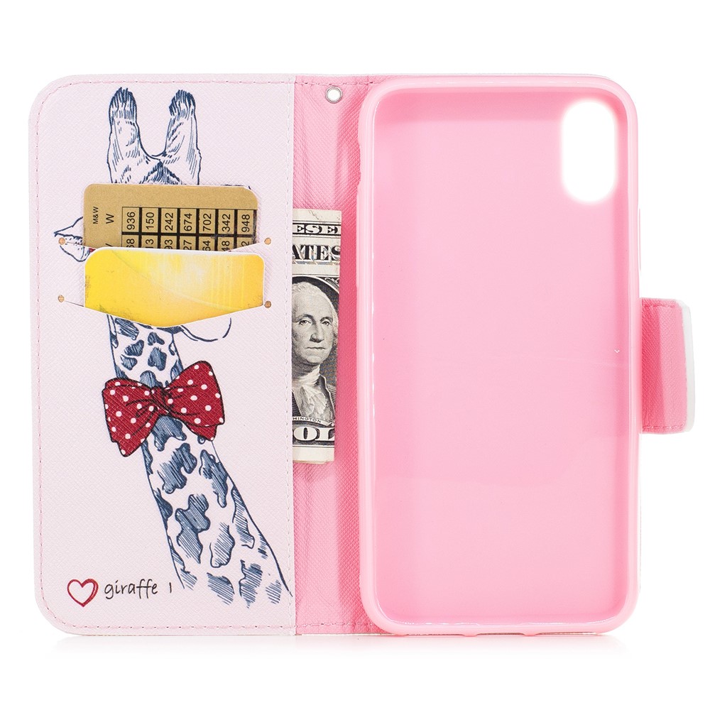 Pattern Printing Wallet Leather Stand Cover for iPhone X/XS 5.8-inch - Adorable Giraffe Wearing Glasses-8