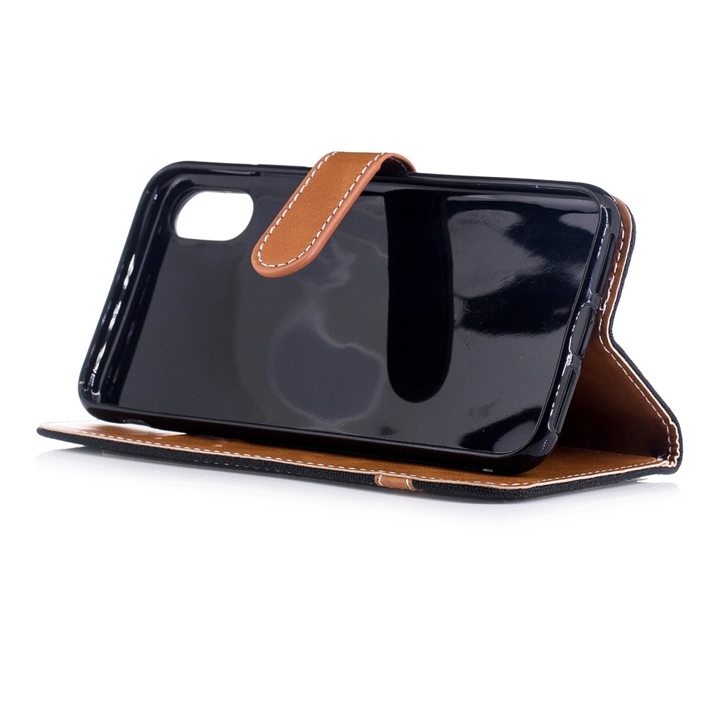 For iPhone 8 Two-tone Jean Cloth Leather Wallet Phone Protective Casing with Stand - Black-5