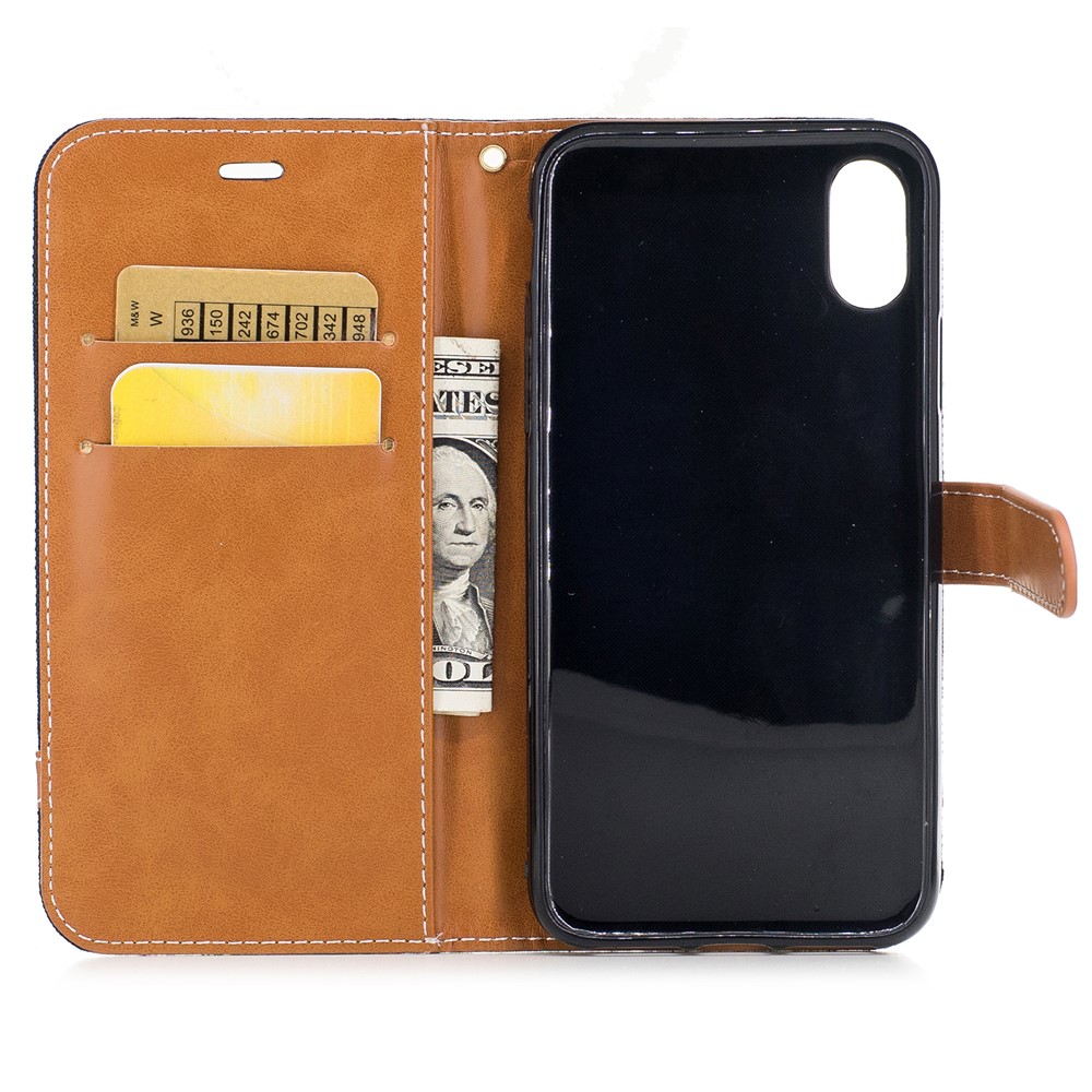 For iPhone 8 Two-tone Jean Cloth Leather Wallet Phone Protective Casing with Stand - Black-8