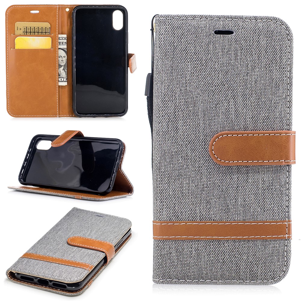 Para IPhone X / 10 5.8 Polegadas De Dois Tons De Jean Pano Couro Wallet Telefone Acessório Cofragem Protetora Com Suporte - Cinzento-1