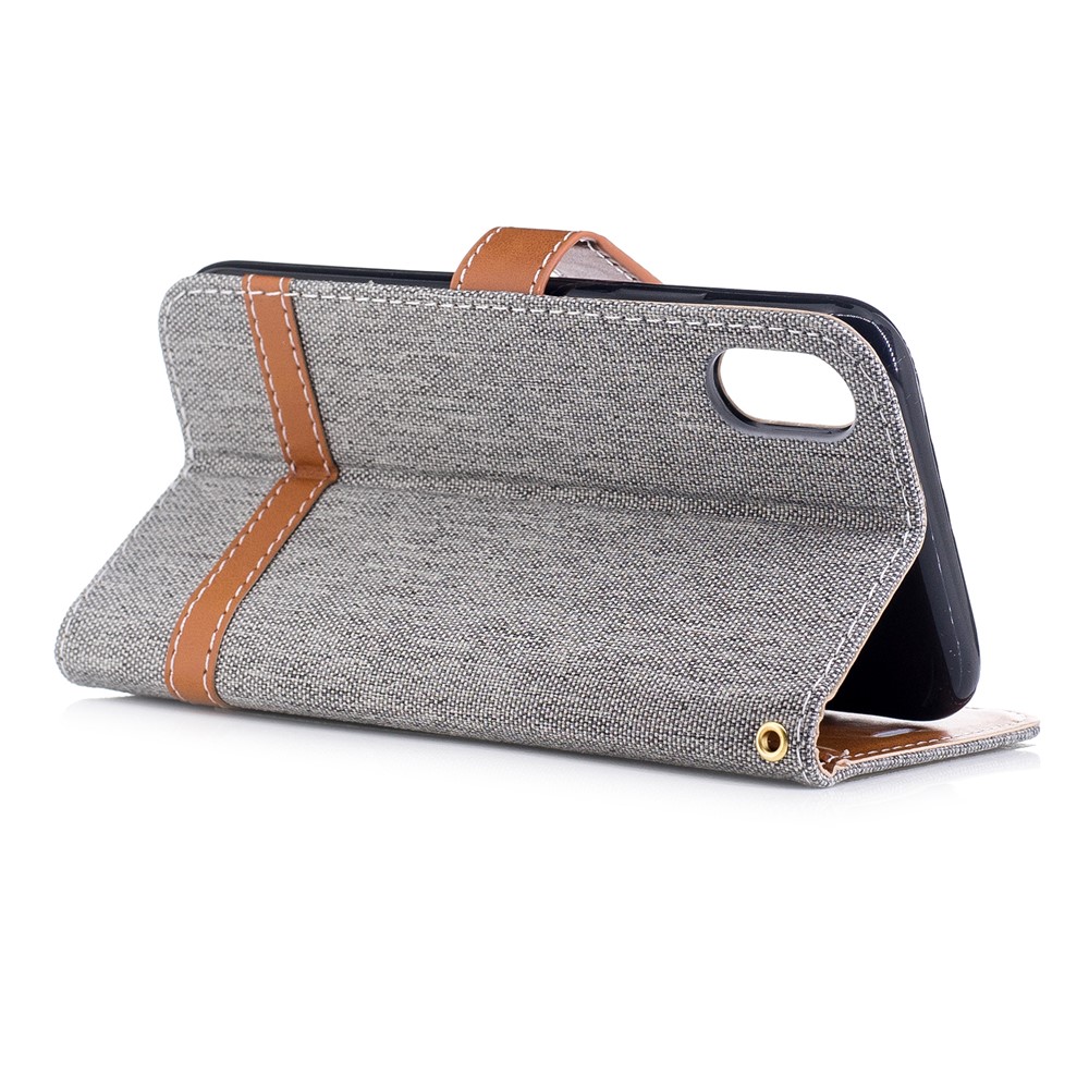 Para IPhone X / 10 5.8 Polegadas De Dois Tons De Jean Pano Couro Wallet Telefone Acessório Cofragem Protetora Com Suporte - Cinzento-4