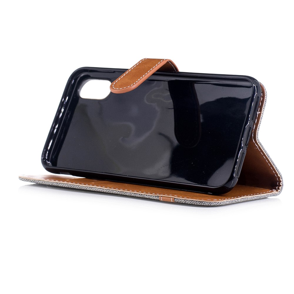 Para IPhone X / 10 5.8 Polegadas De Dois Tons De Jean Pano Couro Wallet Telefone Acessório Cofragem Protetora Com Suporte - Cinzento-5