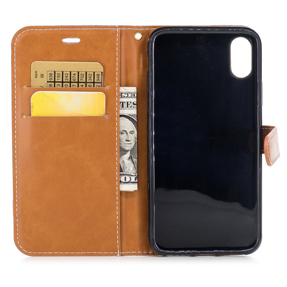 Para IPhone X / 10 5.8 Polegadas De Dois Tons De Jean Pano Couro Wallet Telefone Acessório Cofragem Protetora Com Suporte - Cinzento-8
