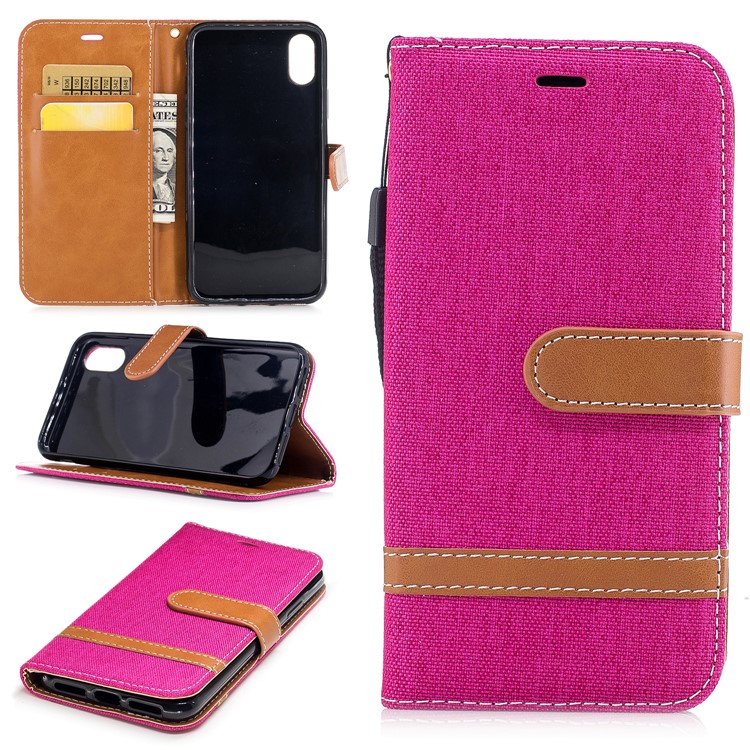 

For iPhone X/XS 5.8-inch Two-tone Jean Cloth Leather Stand Wallet Phone Protective Case - Rose