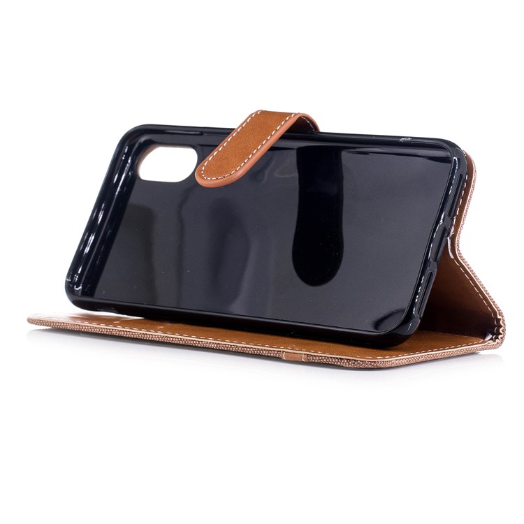 For iPhone X/XS 5.8-inch Two-tone Jean Cloth Leather Stand Wallet Phone Protective Shell - Khaki-5