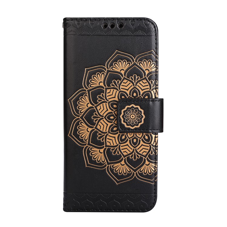 Imprint Henna Lotus Wallet Stand Leather Case with Strap for iPhone 8 / 7 4.7 inch - Black-2