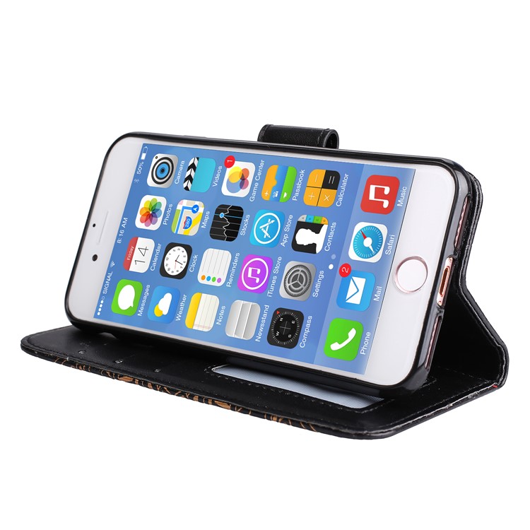 Imprint Henna Lotus Wallet Stand Leather Case with Strap for iPhone 8 / 7 4.7 inch - Black-3