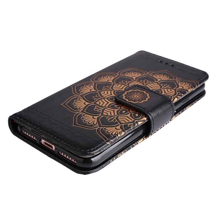 Imprint Henna Lotus Wallet Stand Leather Case with Strap for iPhone 8 / 7 4.7 inch - Black-4