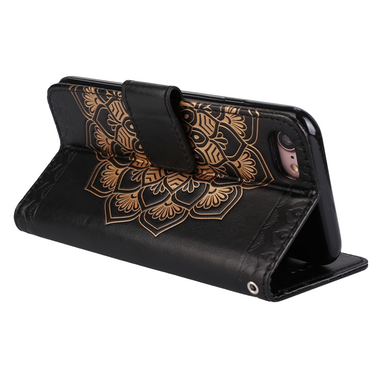 Imprint Henna Lotus Wallet Stand Leather Case with Strap for iPhone 8 / 7 4.7 inch - Black-6