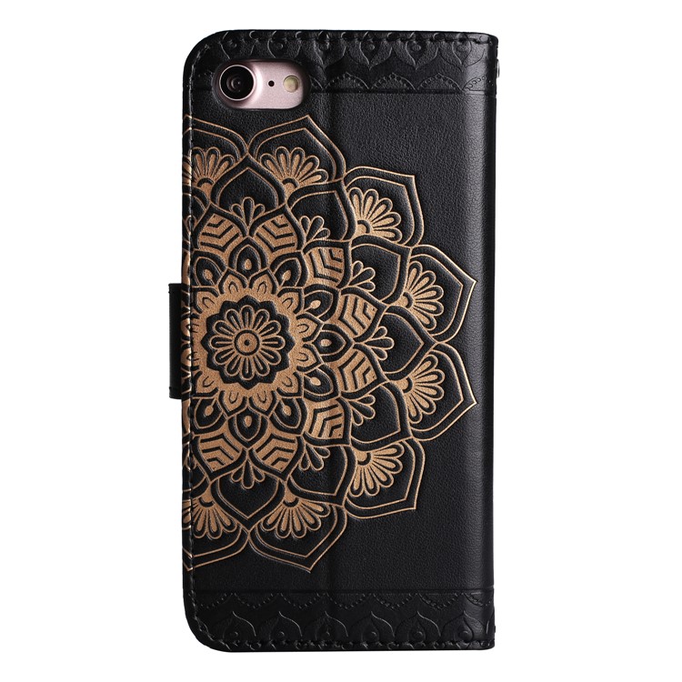 Imprint Henna Lotus Wallet Stand Leather Case with Strap for iPhone 8 / 7 4.7 inch - Black-7