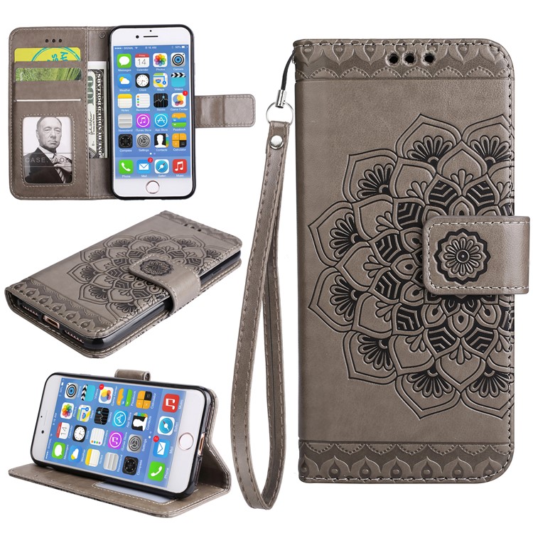 Imprint Henna Lotus Wallet Stand Leather Phone Cover with Lanyard for iPhone 8 / 7 4.7 inch - Grey-1