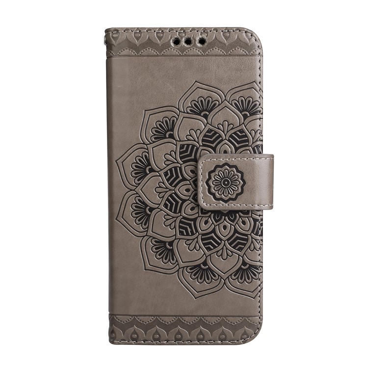 Imprint Henna Lotus Wallet Stand Leather Phone Cover with Lanyard for iPhone 8 / 7 4.7 inch - Grey-2