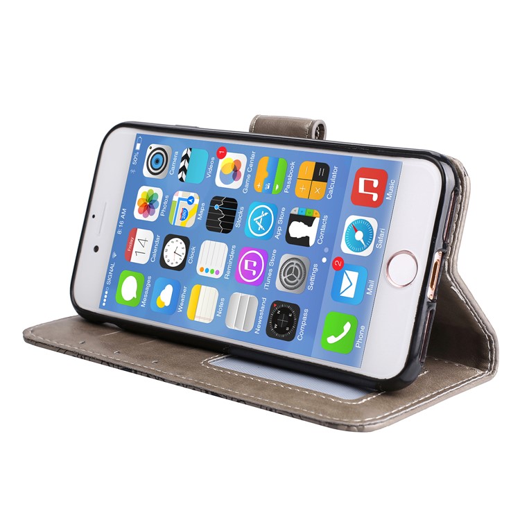 Imprint Henna Lotus Wallet Stand Leather Phone Cover with Lanyard for iPhone 8 / 7 4.7 inch - Grey-3
