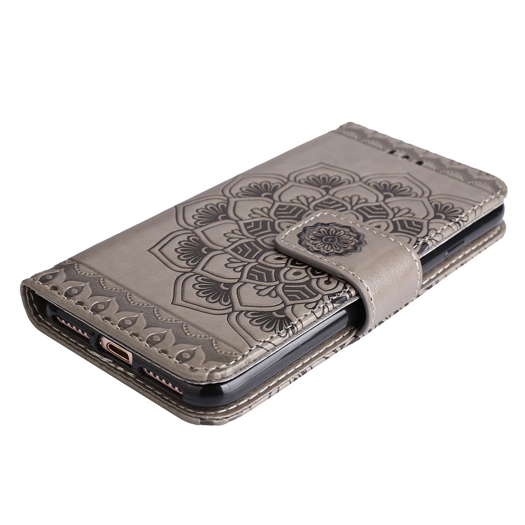 Imprint Henna Lotus Wallet Stand Leather Phone Cover with Lanyard for iPhone 8 / 7 4.7 inch - Grey-4
