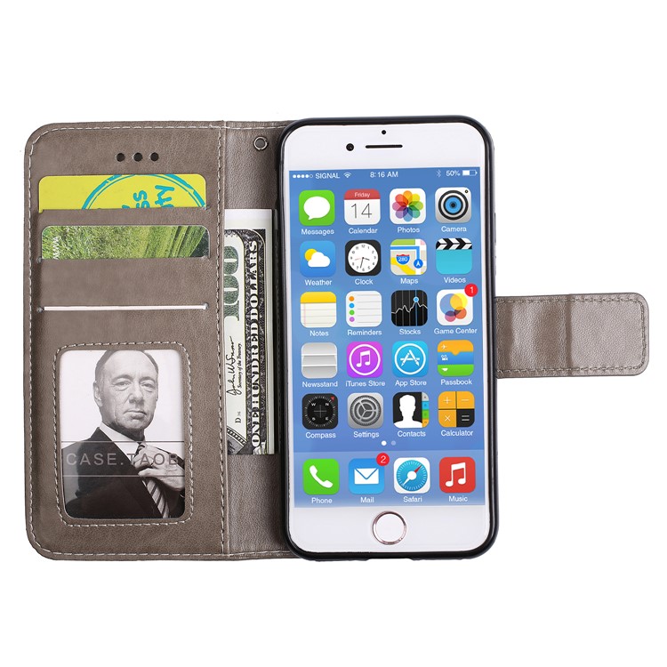 Imprint Henna Lotus Wallet Stand Leather Phone Cover with Lanyard for iPhone 8 / 7 4.7 inch - Grey-5