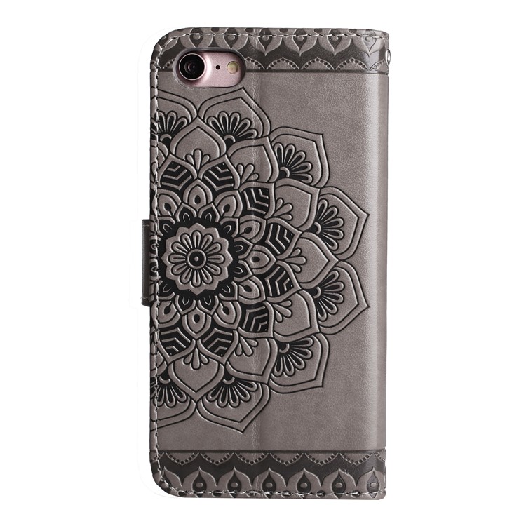 Imprint Henna Lotus Wallet Stand Leather Phone Cover with Lanyard for iPhone 8 / 7 4.7 inch - Grey-6