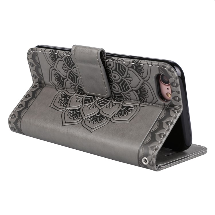 Imprint Henna Lotus Wallet Stand Leather Phone Cover with Lanyard for iPhone 8 / 7 4.7 inch - Grey-7