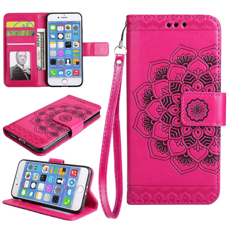 For iPhone 8 / 7 4.7 inch Imprint Henna Lotus Card Slots Stand Leather Case Accessory with Strap - Rose-1