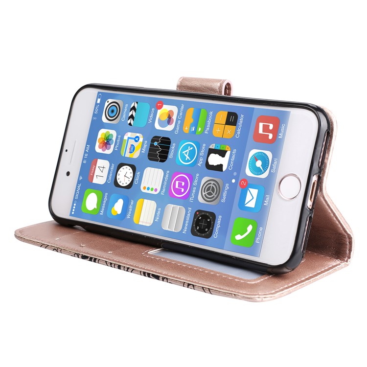 Imprint Henna Lotus Wallet Foldable Leather Cell Phone Case with Lanyard for iPhone 8 / 7 4.7 inch - Rose Gold-3