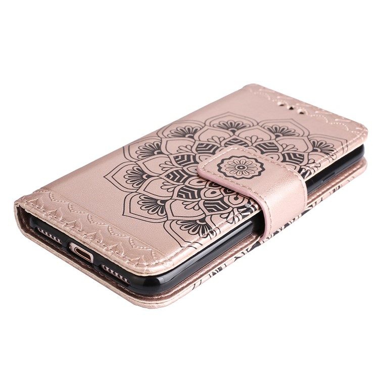 Imprint Henna Lotus Wallet Foldable Leather Cell Phone Case with Lanyard for iPhone 8 / 7 4.7 inch - Rose Gold-4