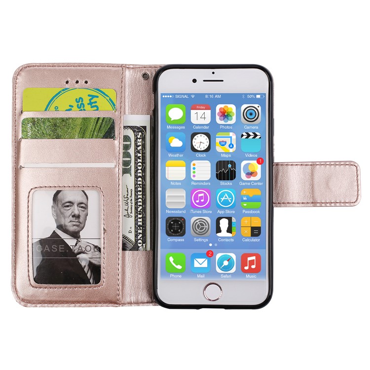Imprint Henna Lotus Wallet Foldable Leather Cell Phone Case with Lanyard for iPhone 8 / 7 4.7 inch - Rose Gold-5