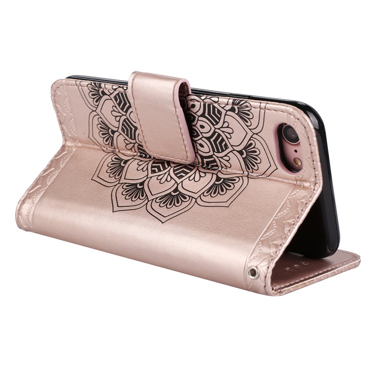 Imprint Henna Lotus Wallet Foldable Leather Cell Phone Case with Lanyard for iPhone 8 / 7 4.7 inch - Rose Gold-6