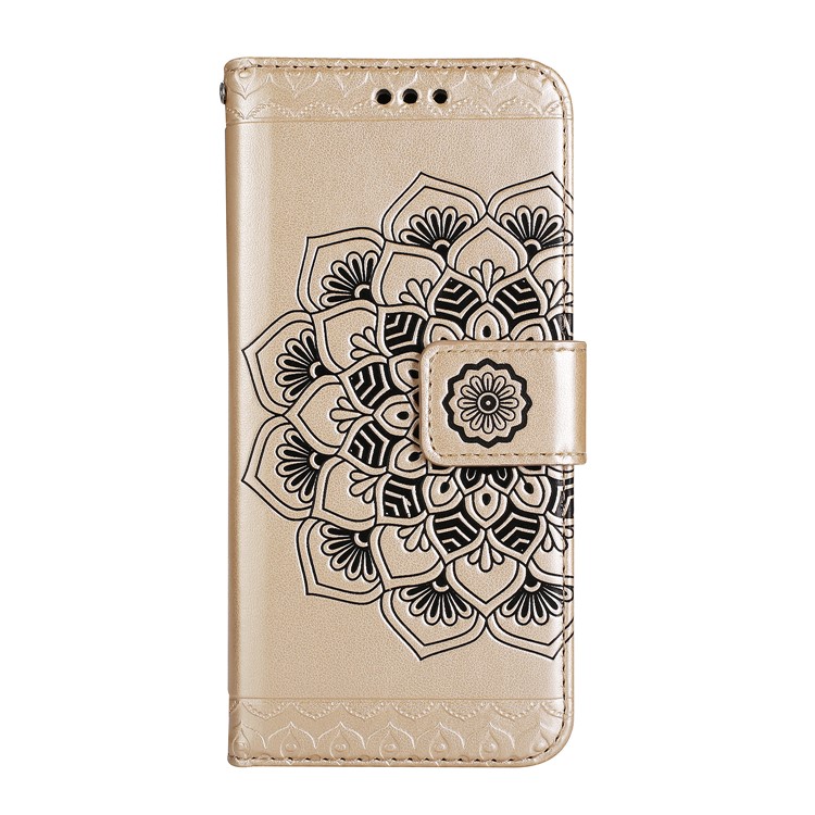 For iPhone 8 / 7 4.7 inch Imprint Henna Lotus Wallet Stand Leather Mobile Shell with Strap - Gold-2