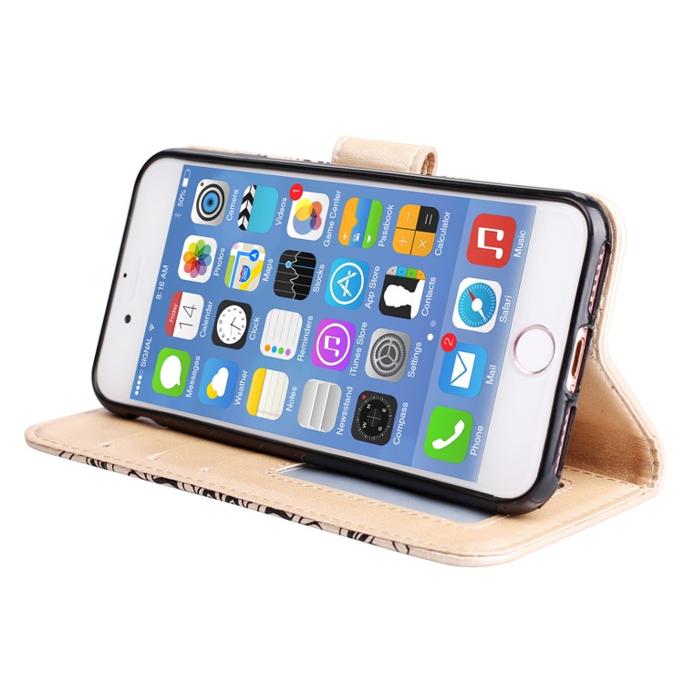 For iPhone 8 / 7 4.7 inch Imprint Henna Lotus Wallet Stand Leather Mobile Shell with Strap - Gold-3