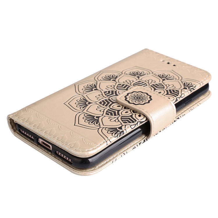 For iPhone 8 / 7 4.7 inch Imprint Henna Lotus Wallet Stand Leather Mobile Shell with Strap - Gold-4