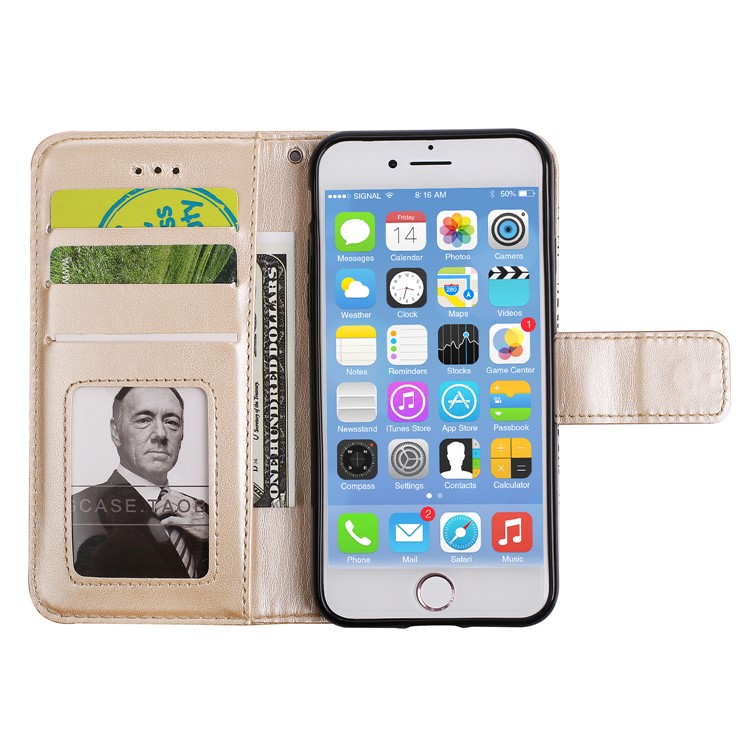 For iPhone 8 / 7 4.7 inch Imprint Henna Lotus Wallet Stand Leather Mobile Shell with Strap - Gold-5