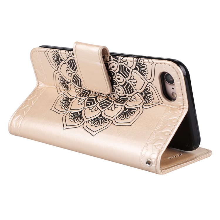 For iPhone 8 / 7 4.7 inch Imprint Henna Lotus Wallet Stand Leather Mobile Shell with Strap - Gold-6