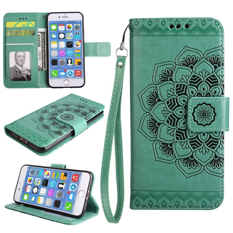 Imprint Henna Lotus Wallet Stand Leather Case Cover with Lanyard for iPhone 8 / 7 4.7 inch - Green-1