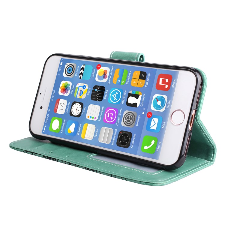 Imprint Henna Lotus Wallet Stand Leather Case Cover with Lanyard for iPhone 8 / 7 4.7 inch - Green-3