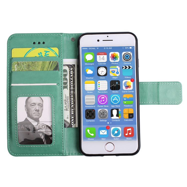 Imprint Henna Lotus Wallet Stand Leather Case Cover with Lanyard for iPhone 8 / 7 4.7 inch - Green-5