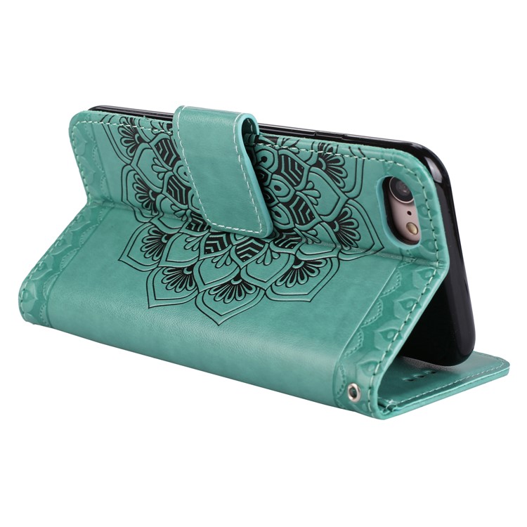 Imprint Henna Lotus Wallet Stand Leather Case Cover with Lanyard for iPhone 8 / 7 4.7 inch - Green-7